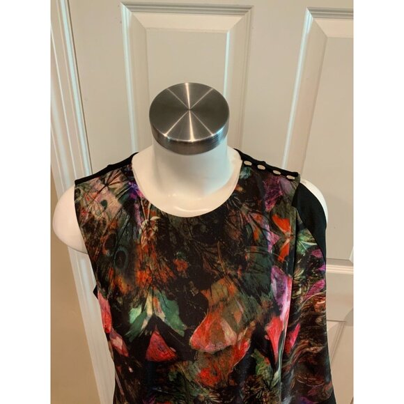 Ted Baker Black Multicolor Floral Patterned Sheath Dress W/ Draped Side, Size 4 - Picture 2 of 7